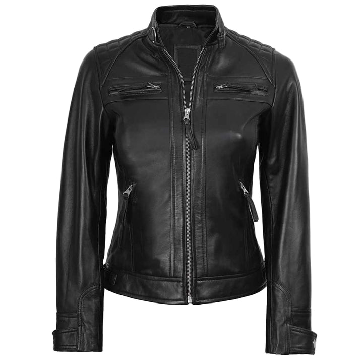 Women’s Black Quilted Café Racer Leather Jacket Front View