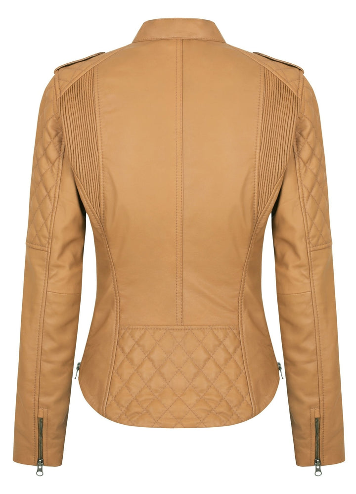 Women’s Vintage Latte Leather Café Racer Jacket with Asymmetrical Zip