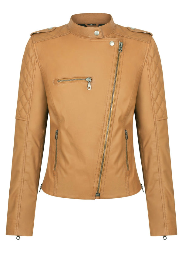Women’s Vintage Latte Leather Café Racer Jacket with Asymmetrical Zip
