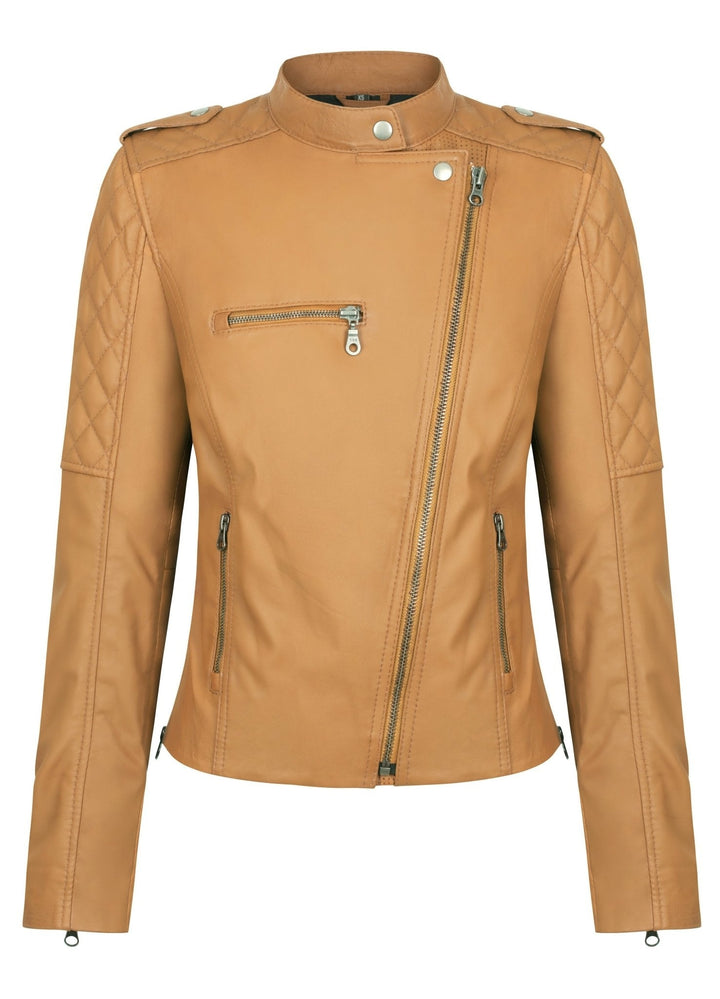 Women’s Vintage Latte Leather Café Racer Jacket with Asymmetrical Zip