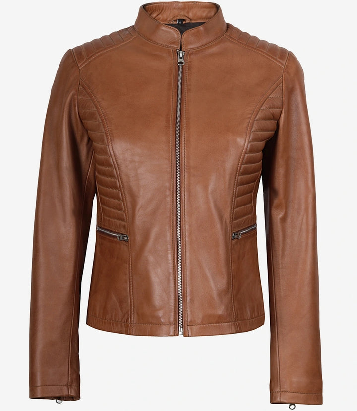 Brown Quilted Leather Biker Jacket for Women
