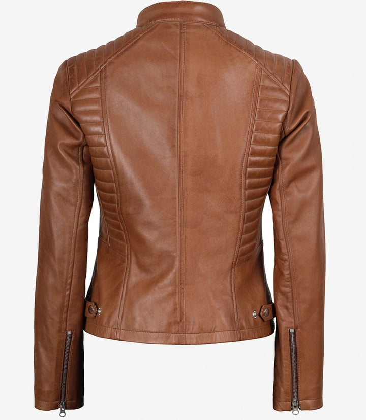 Brown Quilted Leather Biker Jacket for Women