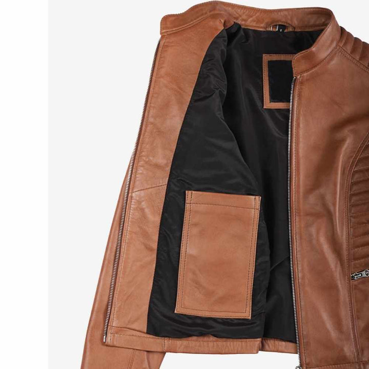 Brown Quilted Leather Biker Jacket for Women