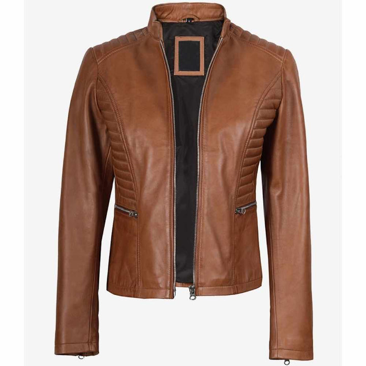 Brown Quilted Leather Biker Jacket for Women