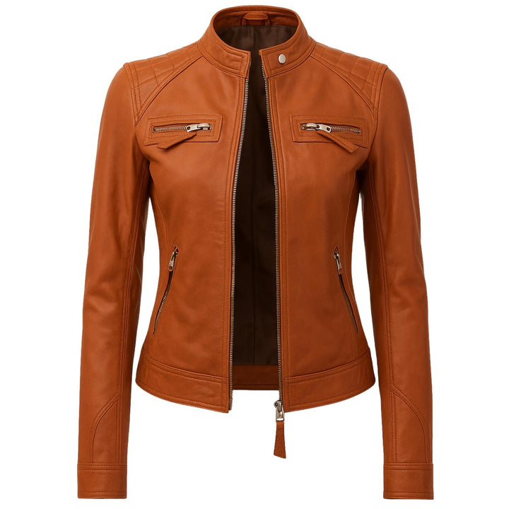 Women’s Vintage Mid-Length Lambskin Biker Jacket – Retro Brown, Black & Tan Moto Style