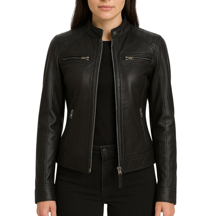 Women’s Retro Slim Fit Lambskin Leather Moto Jacket – Vintage Biker Style