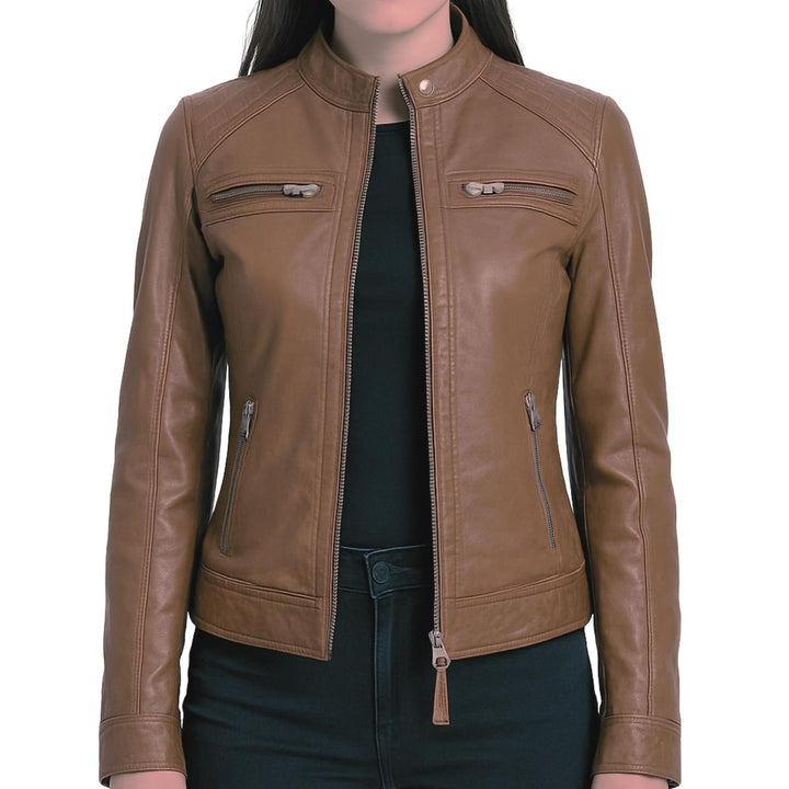 Women’s Retro Lambskin Leather Biker Jacket – Vintage Slim Fit Coat