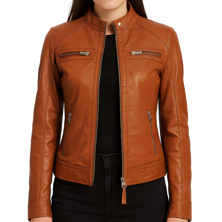 Women’s Vintage Mid-Length Lambskin Biker Jacket – Retro Brown, Black & Tan Moto Style