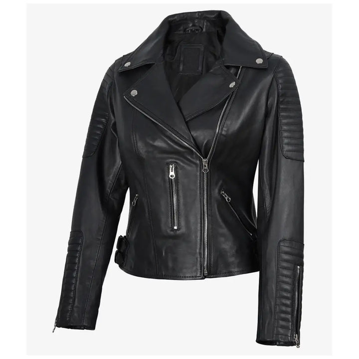 Women’s Slim Fit Black Lambskin Leather Biker Jacket – Moto Style