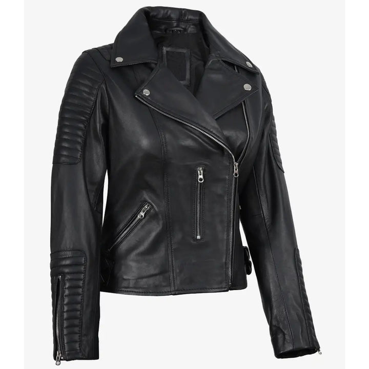 Women’s Slim Fit Black Lambskin Leather Biker Jacket – Moto Style