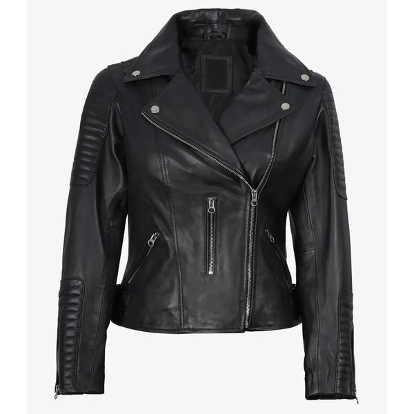 Women’s Slim Fit Black Lambskin Leather Biker Jacket – Moto Style