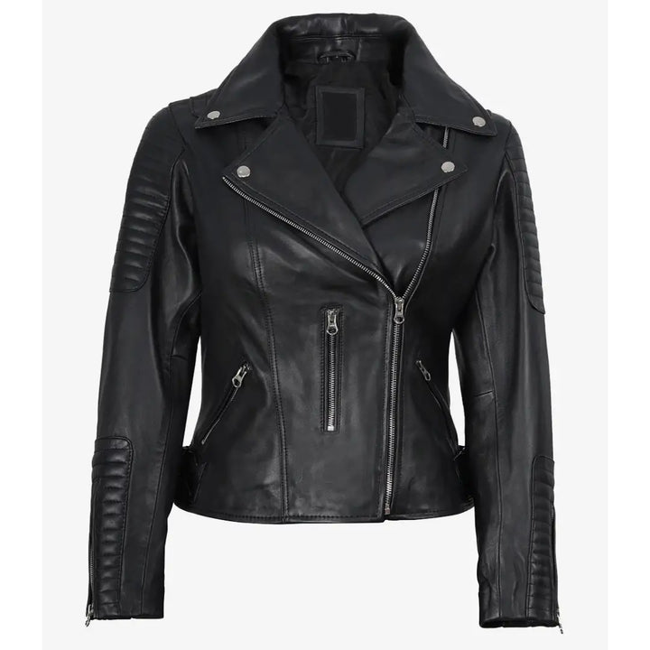 Women’s Slim Fit Black Lambskin Leather Biker Jacket – Moto Style