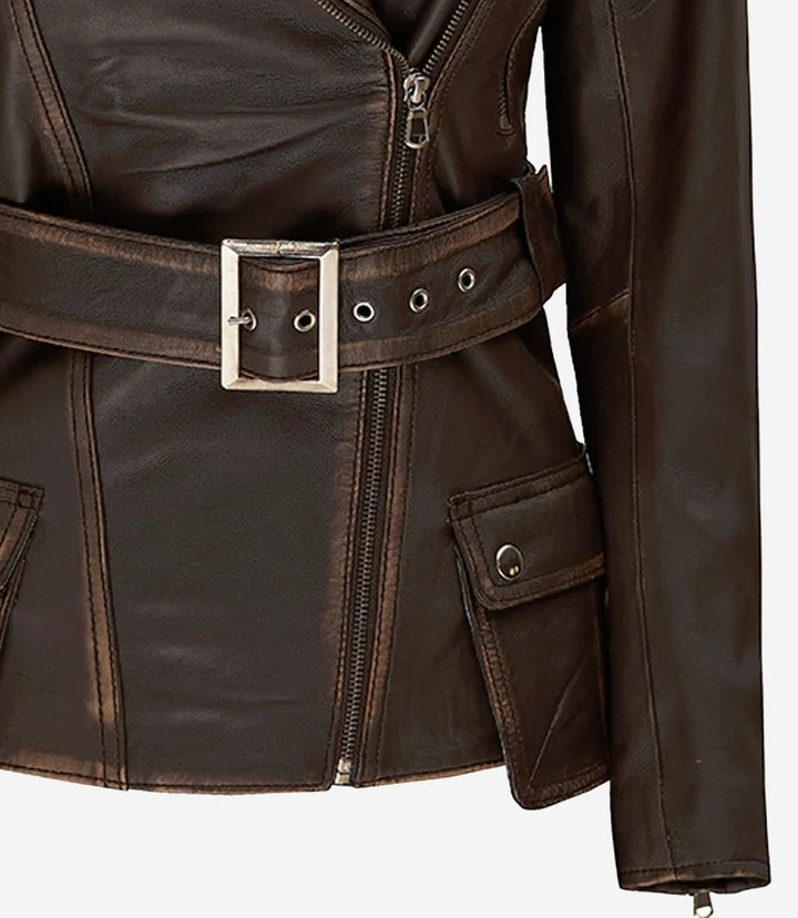 Women’s distressed brown long biker style leather jacket