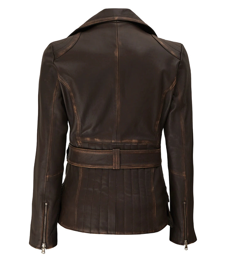 Women’s distressed brown long biker style leather jacket