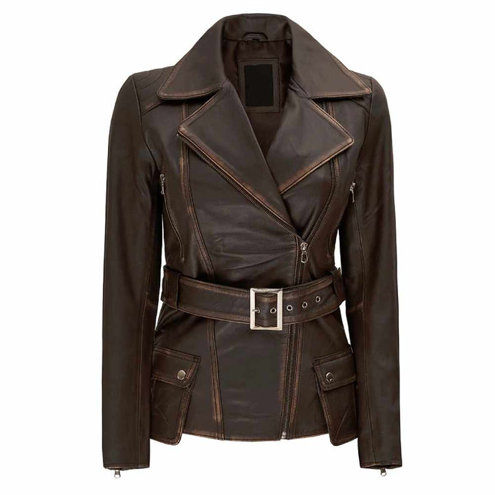 Women’s distressed brown long biker style leather jacket