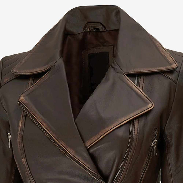Women’s distressed brown long biker style leather jacket