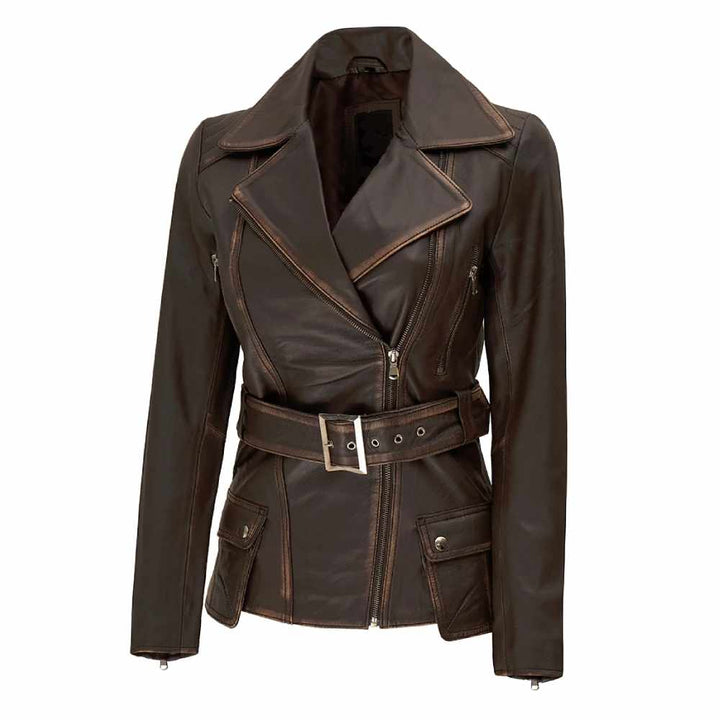Women’s distressed brown long biker style leather jacket