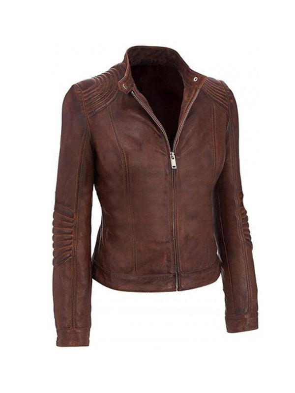 Women’s vintage brown café racer leather jacket