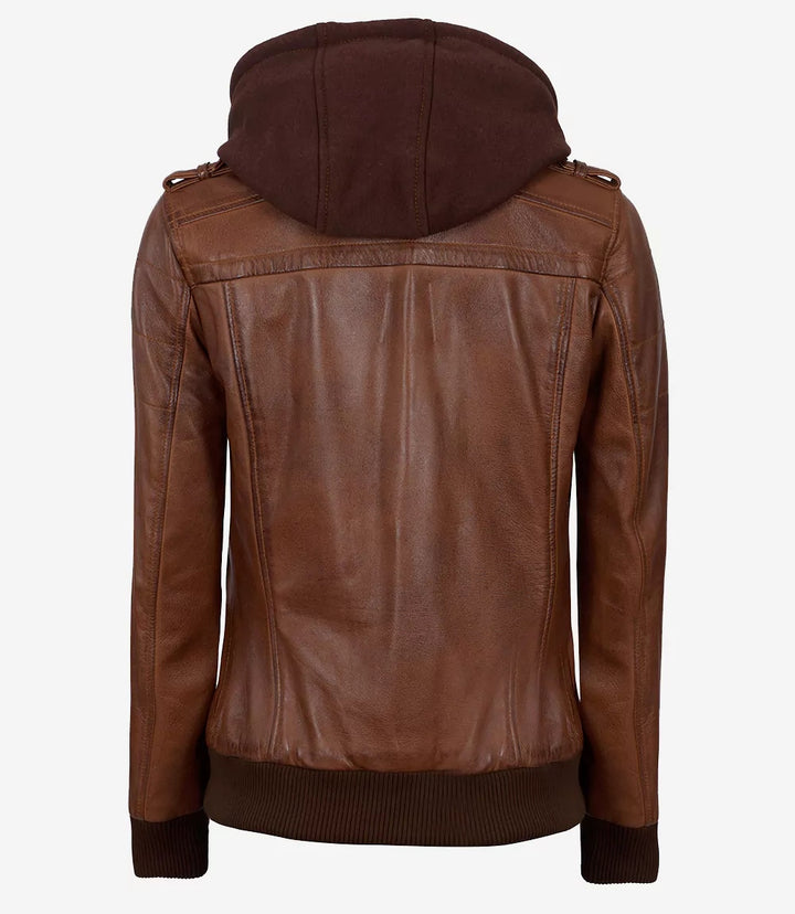Women’s cognac brown bomber leather jacket with hood