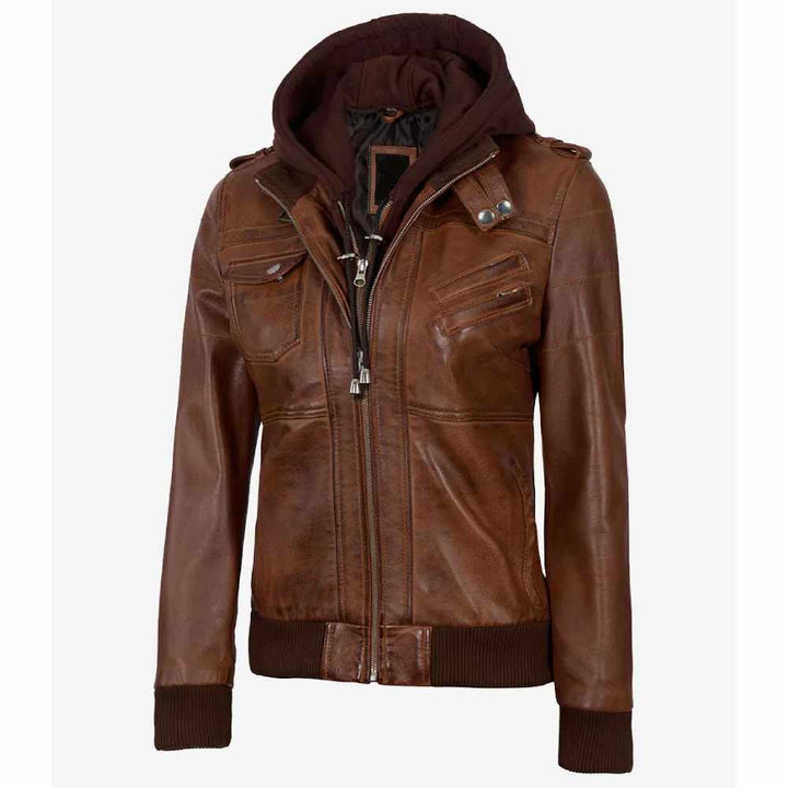Women’s cognac brown bomber leather jacket with hood