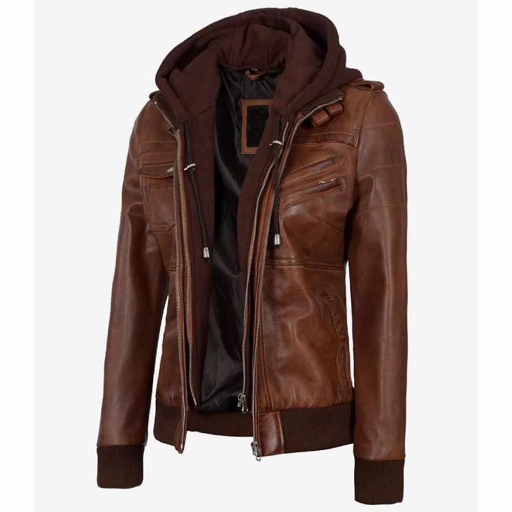 Women’s cognac brown bomber leather jacket with hood