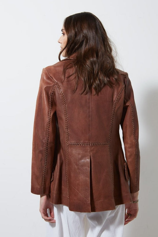 Vintage brown handmade leather jacket with whipstitch detailing
