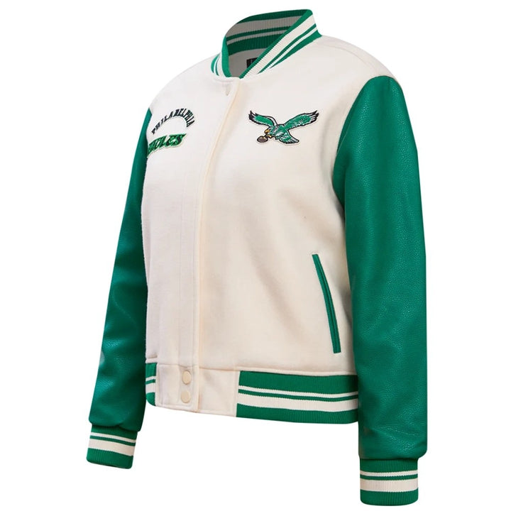 Women’s Philadelphia Eagles white and green varsity jacket with wool body and leather sleeves
