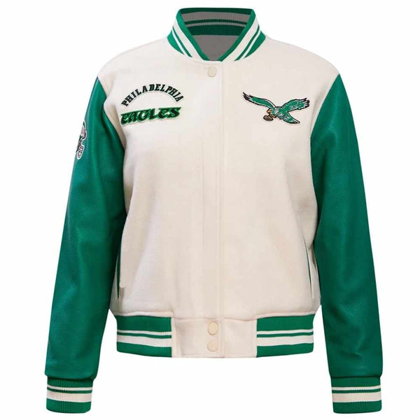 Women’s Philadelphia Eagles white and green varsity jacket with wool body and leather sleeves
