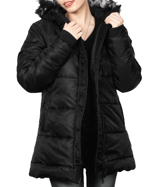 Women’s Elegant Black Puffer Jacket Side View