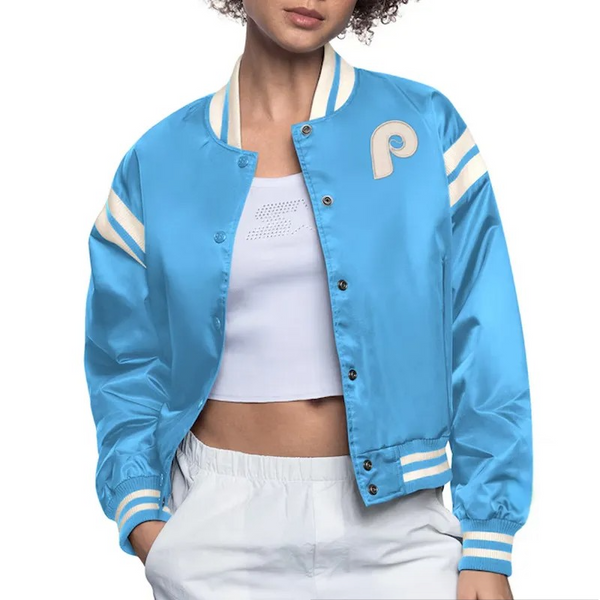 Philadelphia Phillies Light Blue/White Full Count Satin Jacket | Unisex Retro Baseball Style