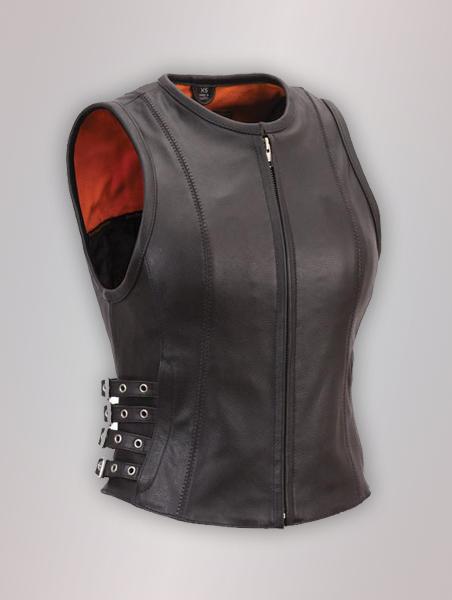 Women’s Black Buckled Zip Front Leather Vest – Front View