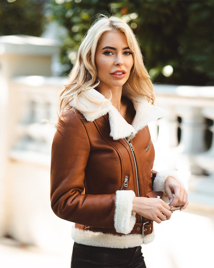 Front view of Brown Aviator Shearling Jacket for Women