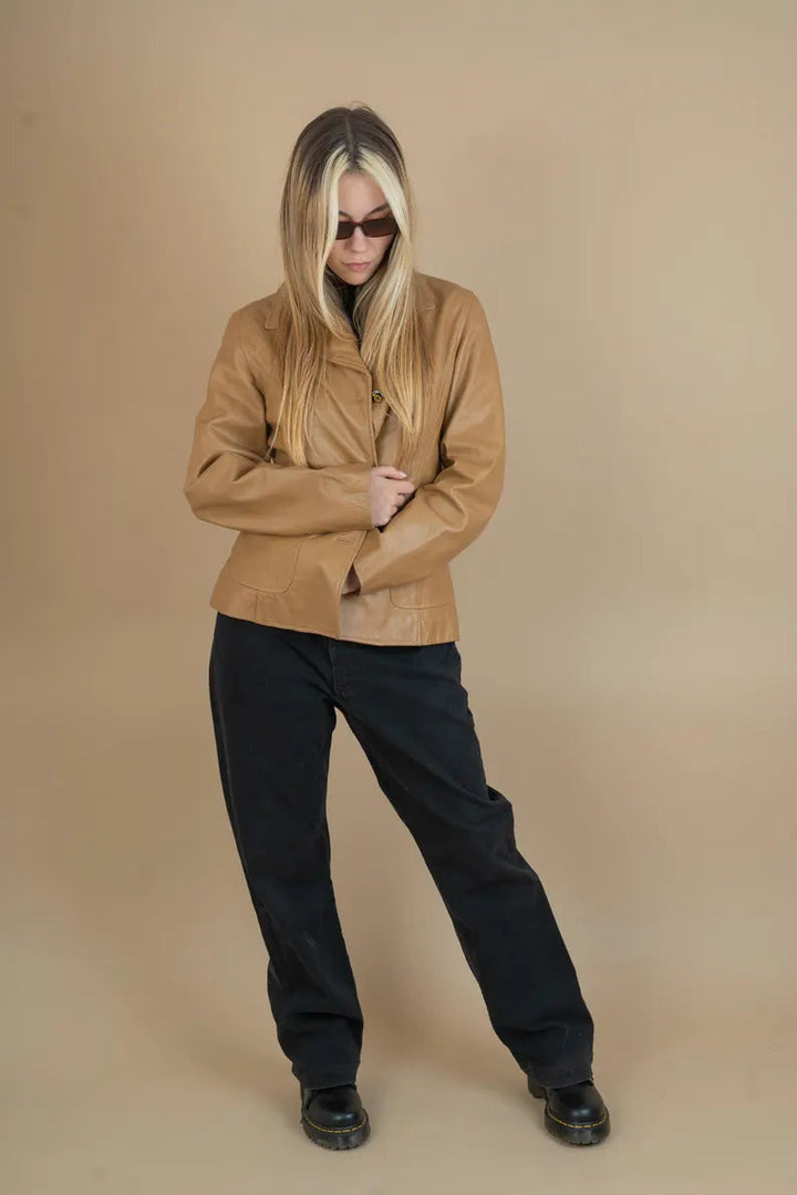 Women’s Vintage Beige Leather Blazer – Oversized Retro Style Jacket