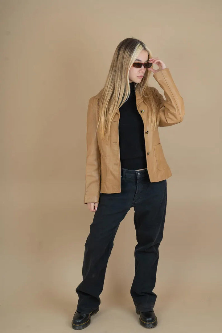 Women’s Vintage Beige Leather Blazer – Oversized Retro Style Jacket