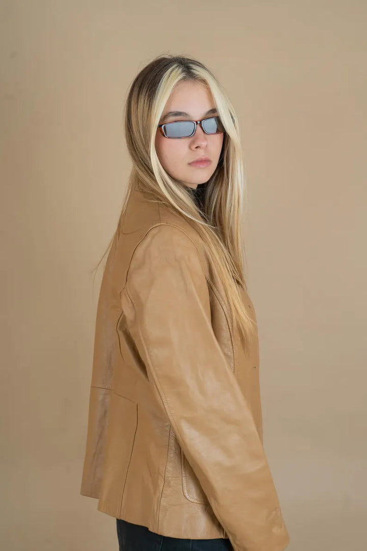 Women’s Vintage Beige Leather Blazer – Oversized Retro Style Jacket