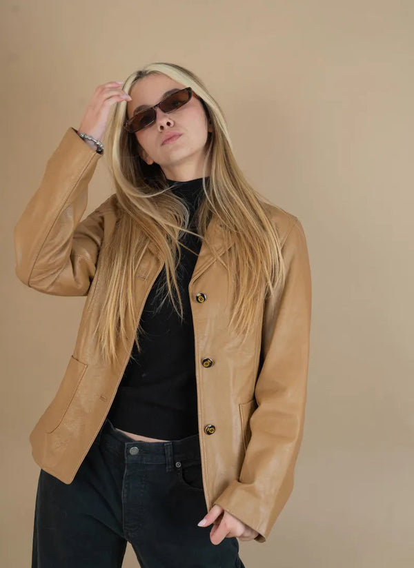Women’s Vintage Beige Leather Blazer – Oversized Retro Style Jacket