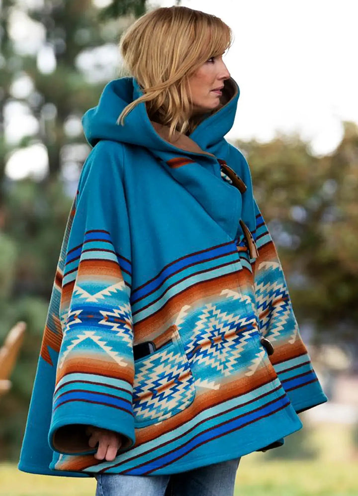 Front view of Kelly Reilly Yellowstone Blue Hooded Fleece Coat