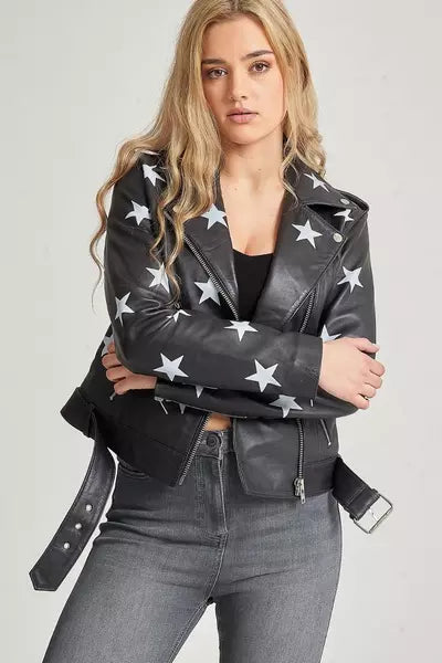 Women’s genuine sheepskin leather biker jacket with star design