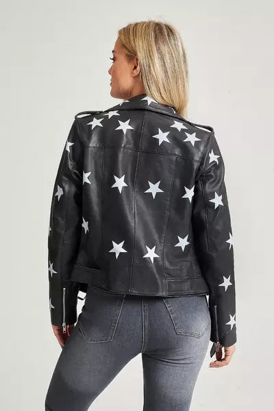 Women’s genuine sheepskin leather biker jacket with star design