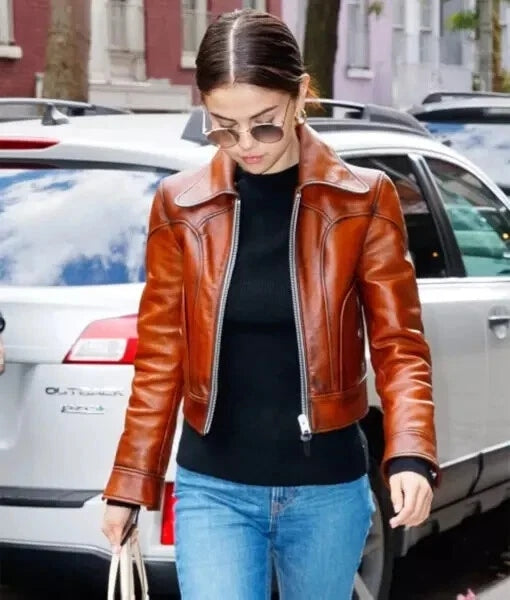 Selena Gomez Inspired Brown Leather Jacket for Women | Trendy Real Leather Moto Coat | Celebrity Style Outerwear in Genuine Leather