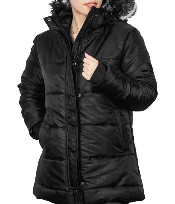 Women’s Elegant Black Puffer Jacket Side View